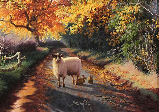 Daniel Van Der Putten, Original oil painting on panel, Sheep on the Road to Levisham, Yorkshire  Signature image. Click to enlarge