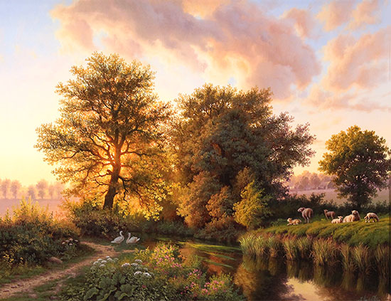Daniel Van Der Putten, Original oil painting on panel, Sun Setting, Nether Heyford, Northamptonshire  Without frame image. Click to enlarge