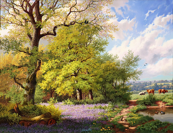 Daniel Van Der Putten, Original oil painting on panel, Bluebells in Middleton Woods, Ilkley, Yorkshire 