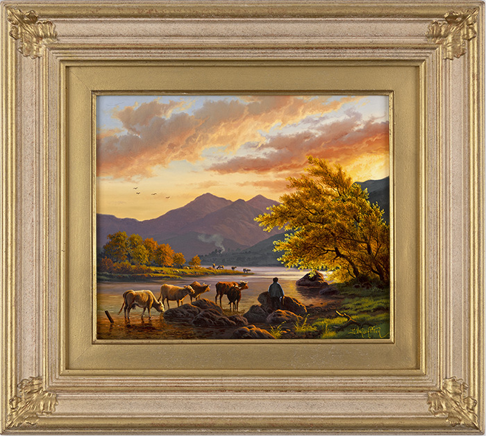 Daniel Van Der Putten, Original oil painting on panel, Sun Setting on Welsh Mountains, click to enlarge