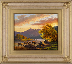 Daniel Van Der Putten, Original oil painting on panel, Sun Setting on Welsh Mountains