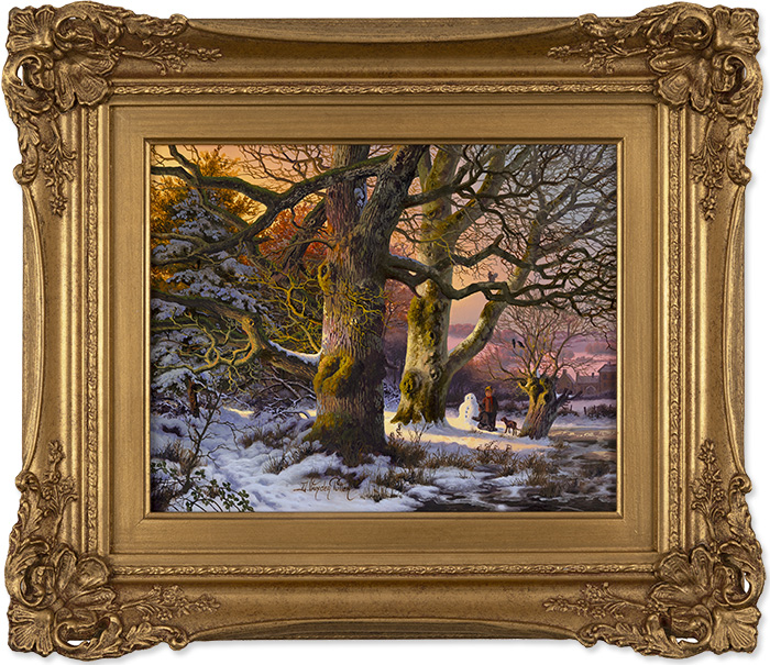 Daniel Van Der Putten, Original oil painting on panel, Building a Snowman in Strid Wood, click to enlarge