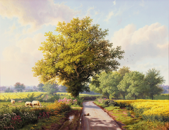 Daniel Van Der Putten, Original oil painting on panel, Road to Longborough in May, The Cotswolds