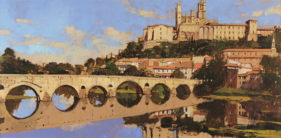 David Sawyer, RBA, Original oil painting on panel, The Old Bridge and Cathedral, Beziers Without frame image. Click to enlarge