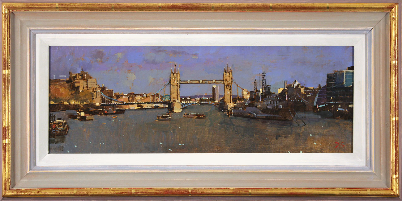 David Sawyer, RBA, Original oil painting on panel, Tower Bridge and HMS Belfast. Click to enlarge