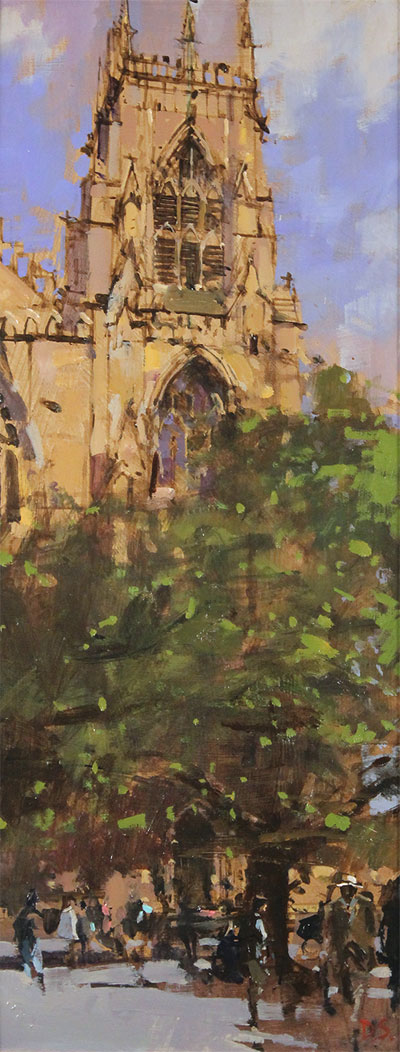 David Sawyer, RBA, Original oil painting on panel, The Panama Hat, Spring Afternoon, York Minster Without frame image. Click to enlarge