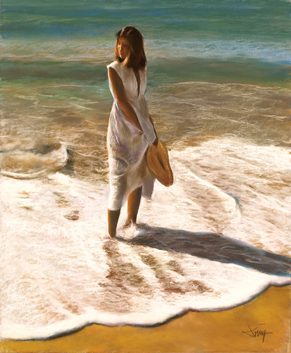 Domingo, Pastel, Girl on the Beach Without frame image. Click to enlarge