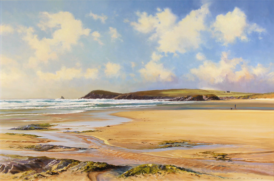 Duncan Palmar, Original oil painting on panel, Out with the Dog in Constantine Bay