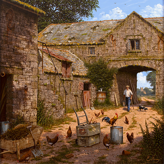 Edward Hersey, Original oil painting on panel, The Farmyard, Yorkshire Dales