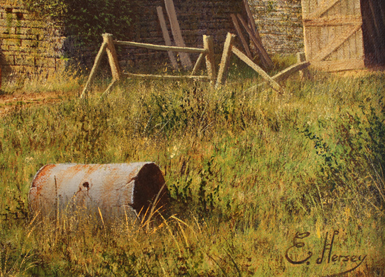 Edward Hersey, Original oil painting on canvas, Farmyard in Early Spring, The Cotswolds  Signature image. Click to enlarge