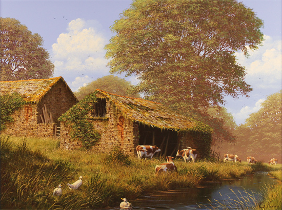 Edward Hersey, Original oil painting on canvas, Grazing by the River, The Cotswolds