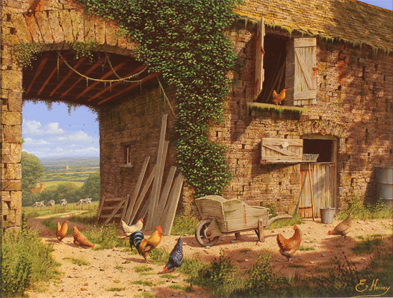 Edward Hersey, Original oil painting on canvas, Farmyard Bustle, North Yorkshire