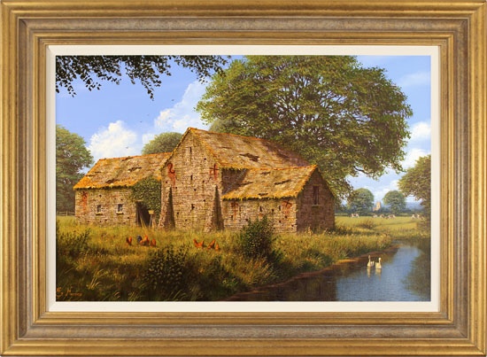 Edward Hersey, Original oil painting on canvas, Cotswolds Barn and Stream, click to enlarge