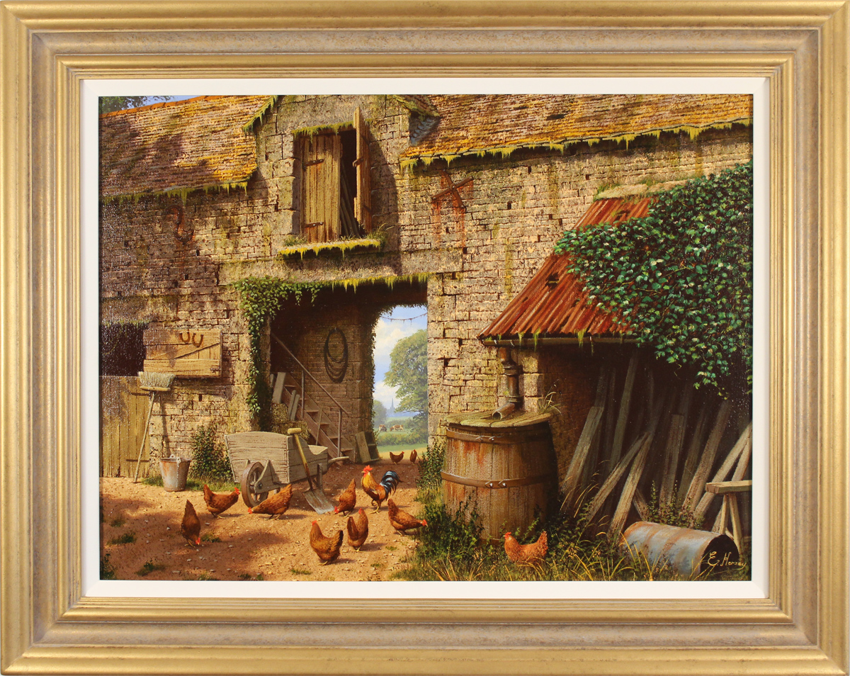 Edward Hersey, Original oil painting on canvas, Farmyard, North Yorkshire. Click to enlarge
