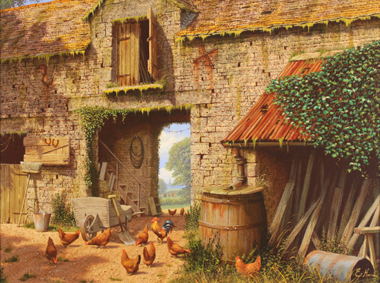 Edward Hersey, Original oil painting on canvas, Farmyard, North Yorkshire Without frame image. Click to enlarge