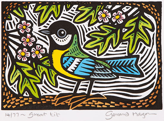 Gerard Hobson, Original linocut print, Great Tit, click to enlarge