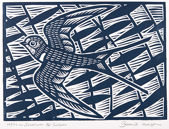 Gerard Hobson, Original linocut print, Swallow and Sallow, click to enlarge