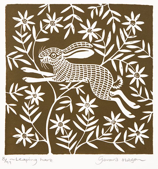 Gerard Hobson, Original linocut print, Leaping Hare, click to enlarge