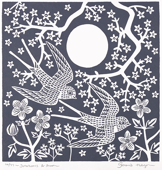 Gerard Hobson, Original linocut print, Swallows and Moon