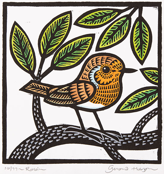 Gerard Hobson, Original linocut print, Redbreast, click to enlarge