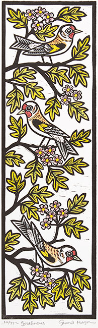 Gerard Hobson, Original linocut print, Goldfinches II