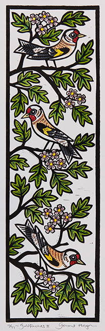 Gerard Hobson, Original linocut print, Goldfinches I, click to enlarge