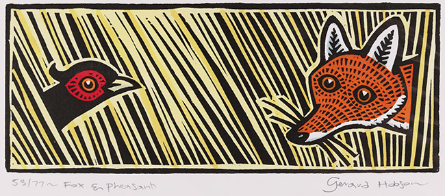 Gerard Hobson, Original linocut print, Fox and Pheasant, click to enlarge