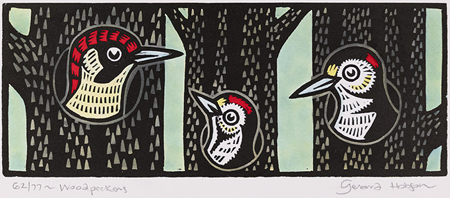 Gerard Hobson, Original linocut print, Woodpeckers, click to enlarge