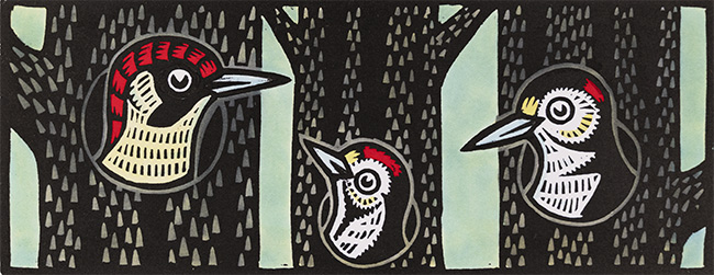 Gerard Hobson, Original linocut print, Woodpeckers
