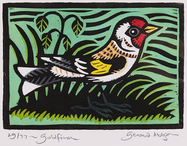 Gerard Hobson, Original linocut print, Goldfinch (green background), click to enlarge
