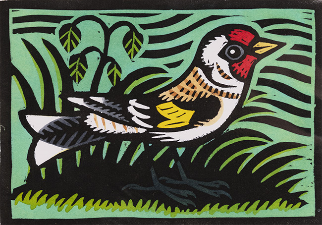 Gerard Hobson, Original linocut print, Goldfinch (green background)