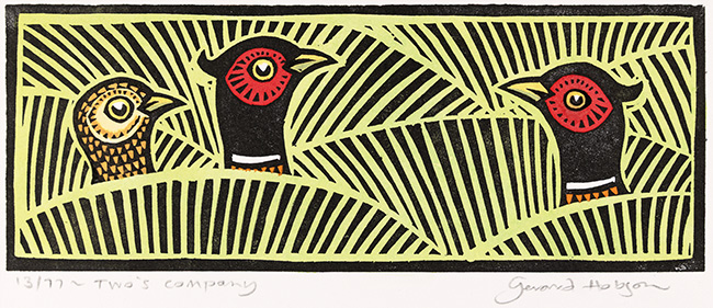 Gerard Hobson, Original linocut print, Two's Company, click to enlarge