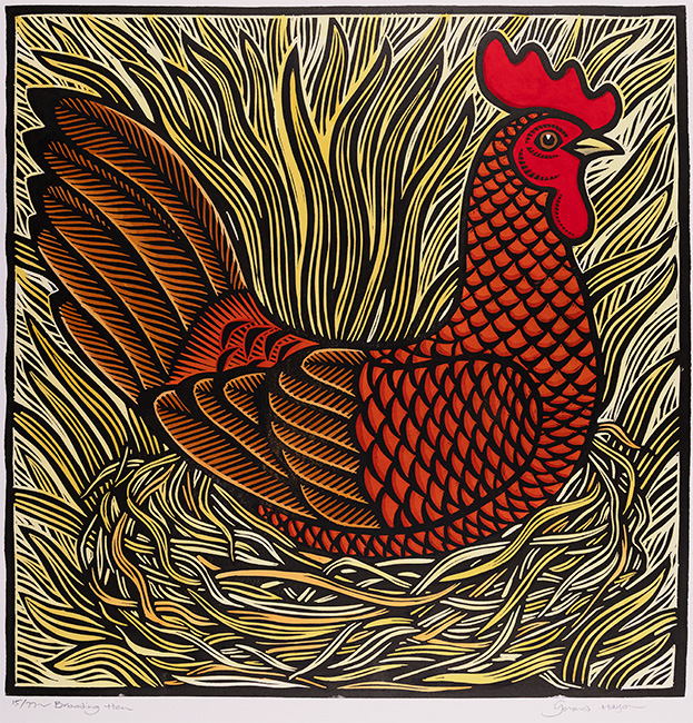 Gerard Hobson, Original linocut print, Brooding Hen