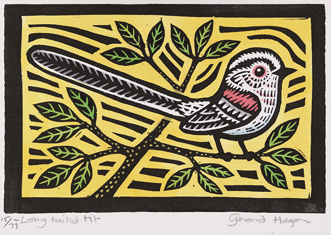 Gerard Hobson, Original linocut print, Long Tailed Tit, click to enlarge