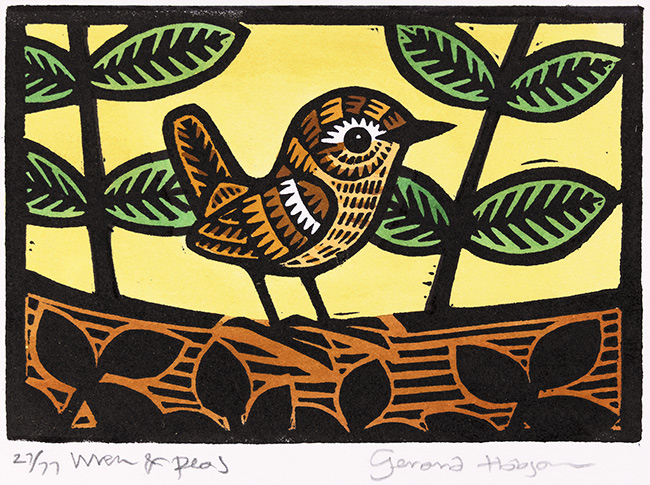 Gerard Hobson, Original linocut print, Wren and Peas, click to enlarge