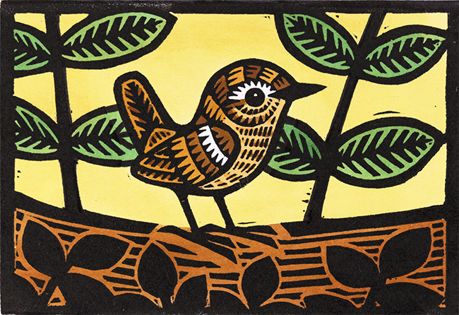 Gerard Hobson, Original linocut print, Wren and Peas