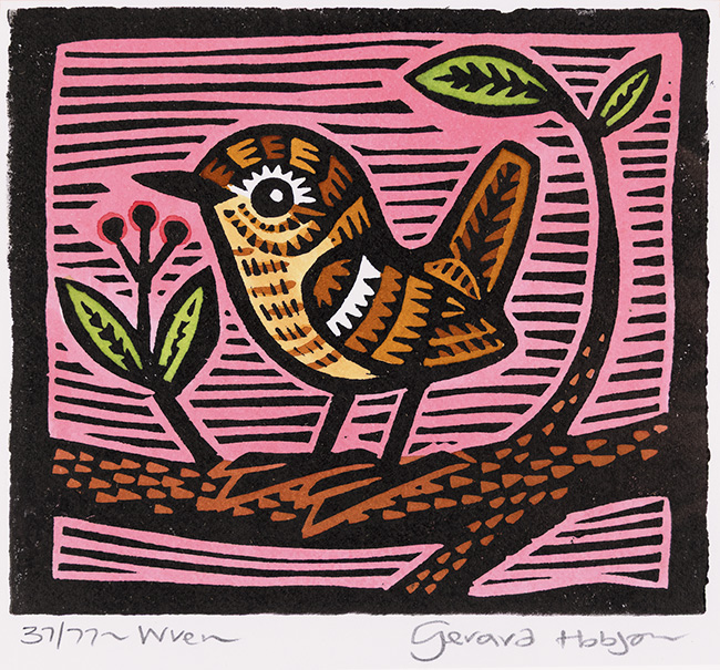 Gerard Hobson, Original linocut print, Wren, click to enlarge