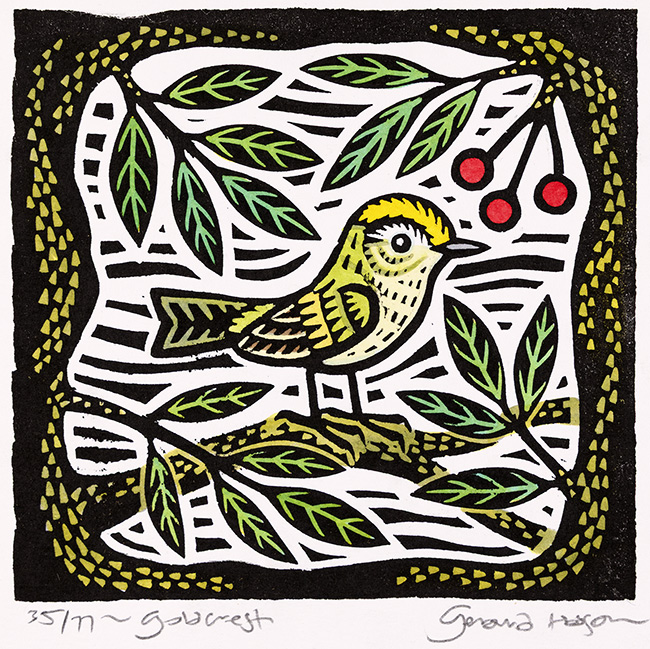 Gerard Hobson, Original linocut print, Goldcrest