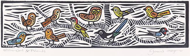 Gerard Hobson, Original linocut print, Owl and Friends, click to enlarge