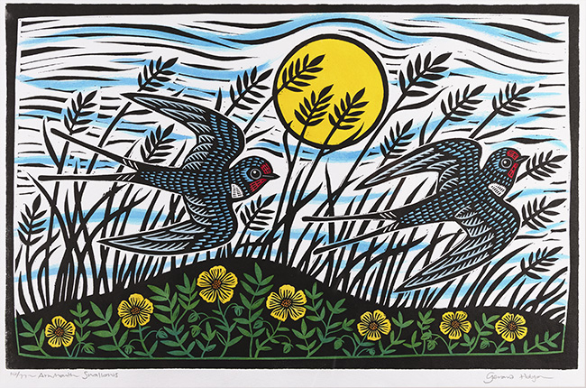 Gerard Hobson, Original linocut print, Alnmouth Swallows, click to enlarge