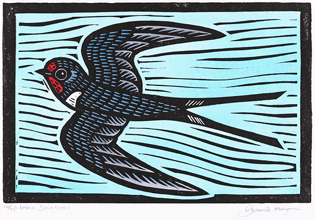 Gerard Hobson, Original linocut print, Lone Swallow, click to enlarge