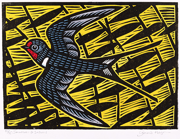 Gerard Hobson, Original linocut print, Swallow and Sallows, click to enlarge
