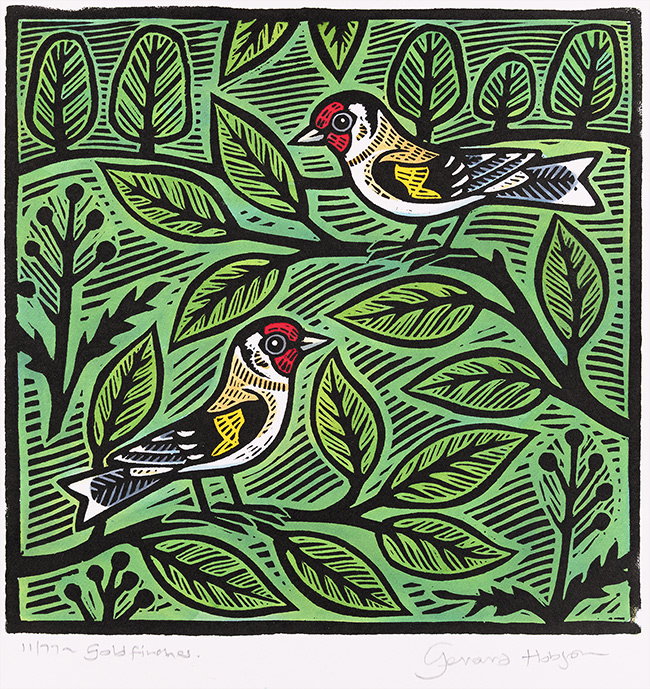 Gerard Hobson, Original linocut print, Goldfinches