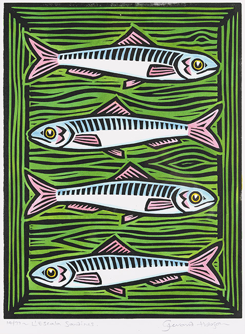 Gerard Hobson, Original linocut print, L'Escala Sardines, click to enlarge