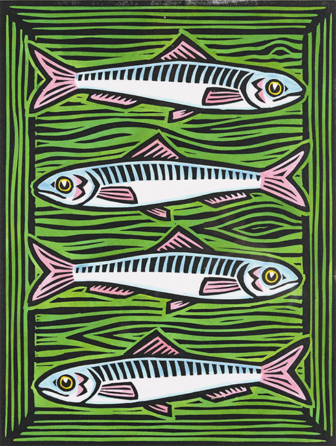 Gerard Hobson, Original linocut print, L'Escala Sardines