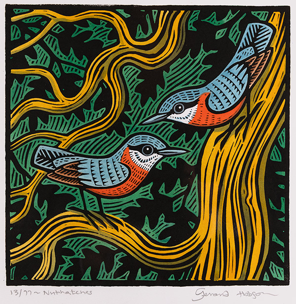 Gerard Hobson, Original linocut print, Nuthatches