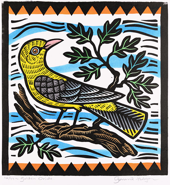 Gerard Hobson, Original linocut print, Golden Oriole, click to enlarge