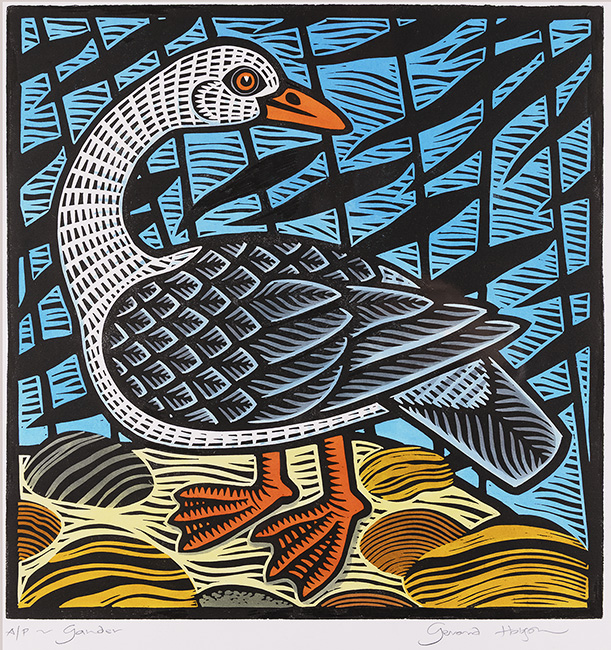 Gerard Hobson, Original linocut print, Gander, click to enlarge