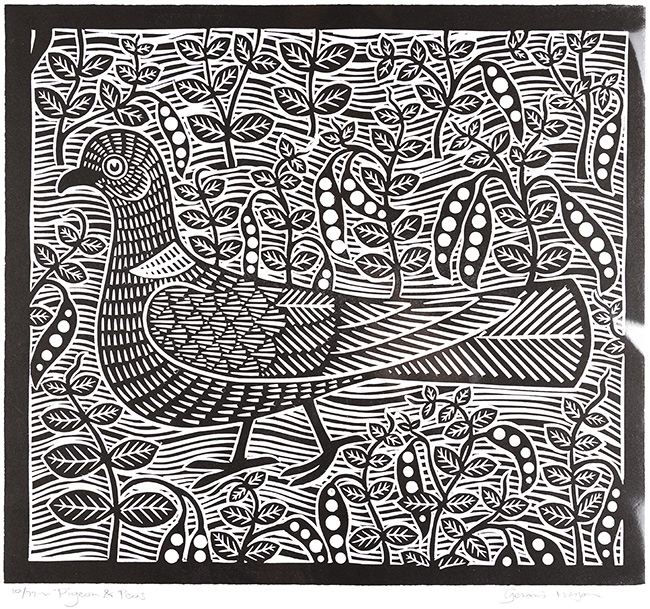 Gerard Hobson, Original linocut print, Pigeon and Peas