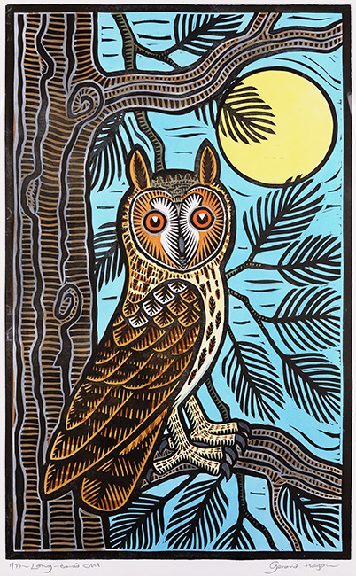 Gerard Hobson, Original linocut print, Long Eared Owl, click to enlarge